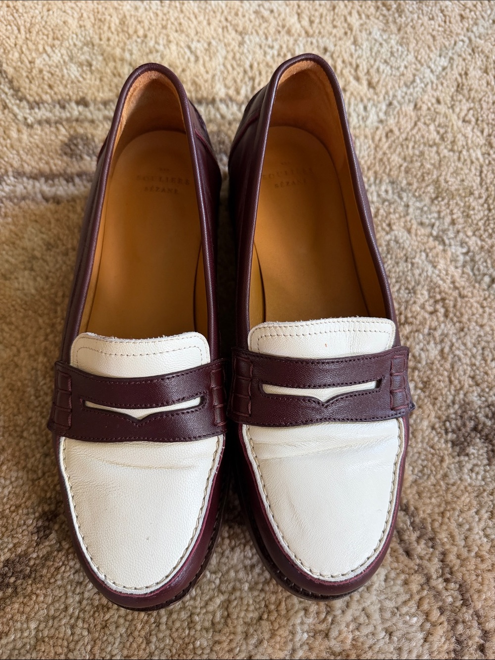 Sezane Two-Tone Burgundy and White Leather Loafers